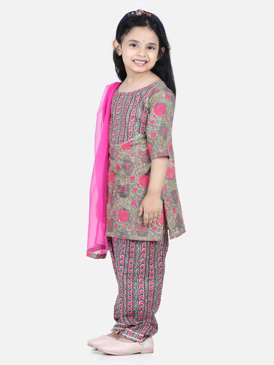 Pure Cotton Printed Kurti With Pant For Girls- Green