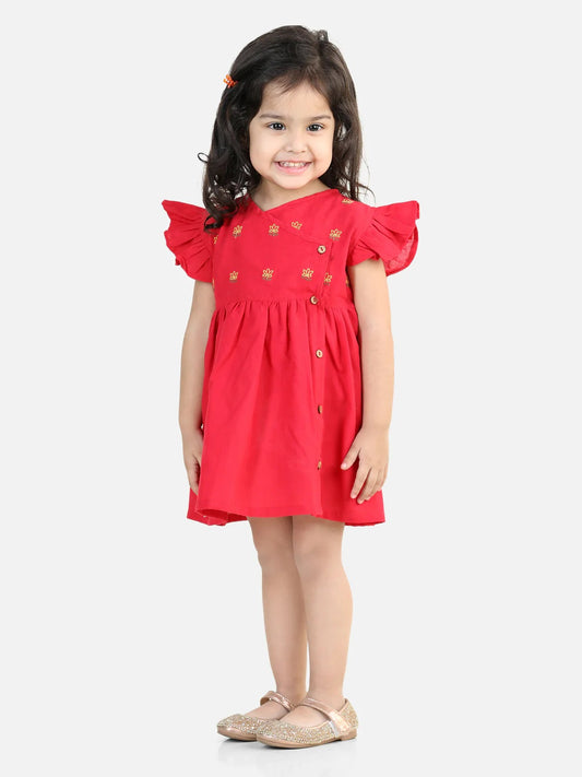 100% Cotton Lotus Embroidery Frock And Dresses For Girls-Red