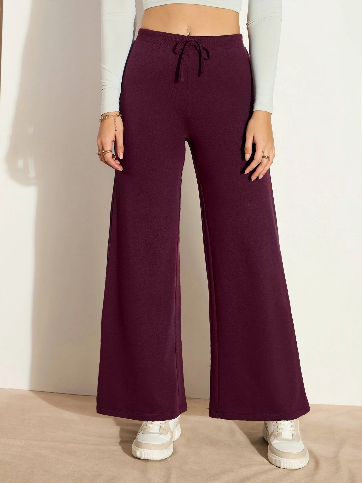 Women Burgundy Terry Wide Leg Drawstring Pants