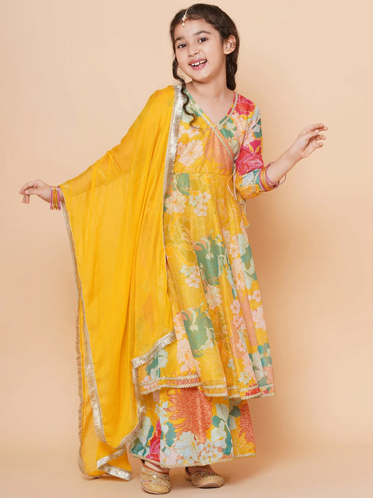 Girls Yellow Multi Floral Angrakha Gotta Patti Kurta Sharara set With Dupatta