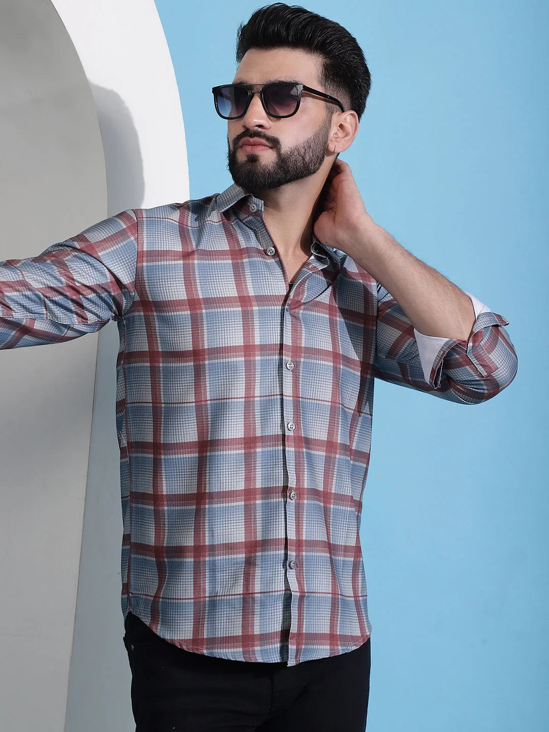 Grey Checked Cotton Casual Shirt For Men