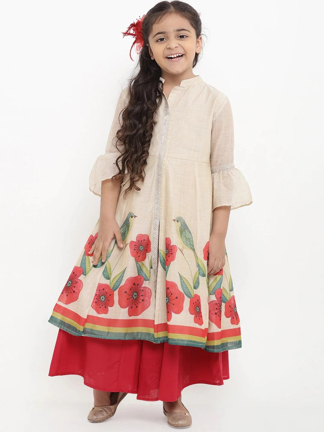 Girls Beige Printed Kurti With Palazzos