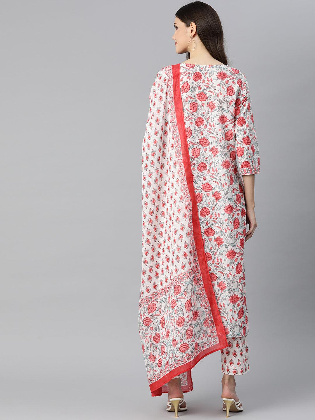 White Floral Printed Kurta Pant Set with Dupatta