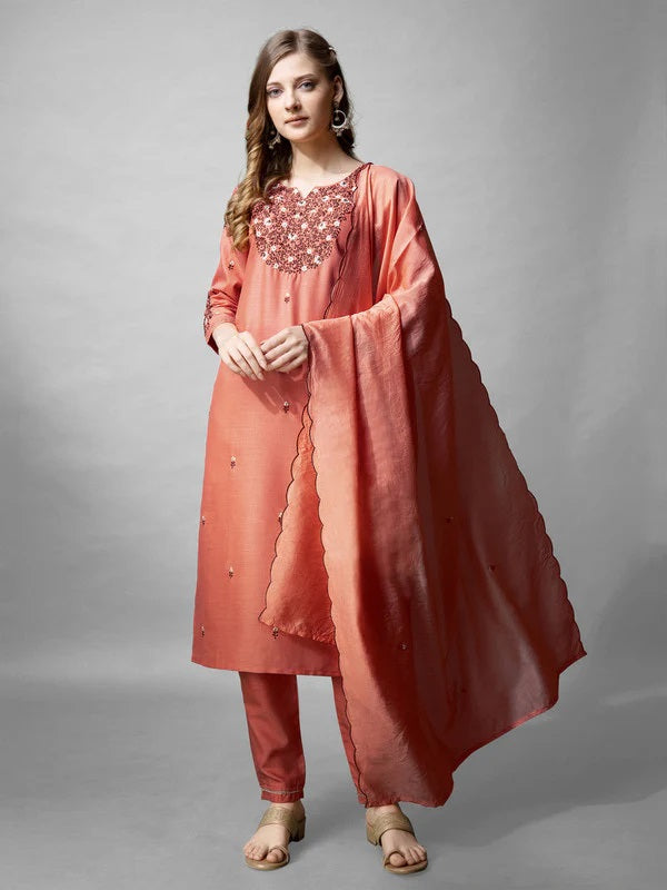 Womens Coral Embroidered Cotton Blend Kurta Pant Set With Dupatta