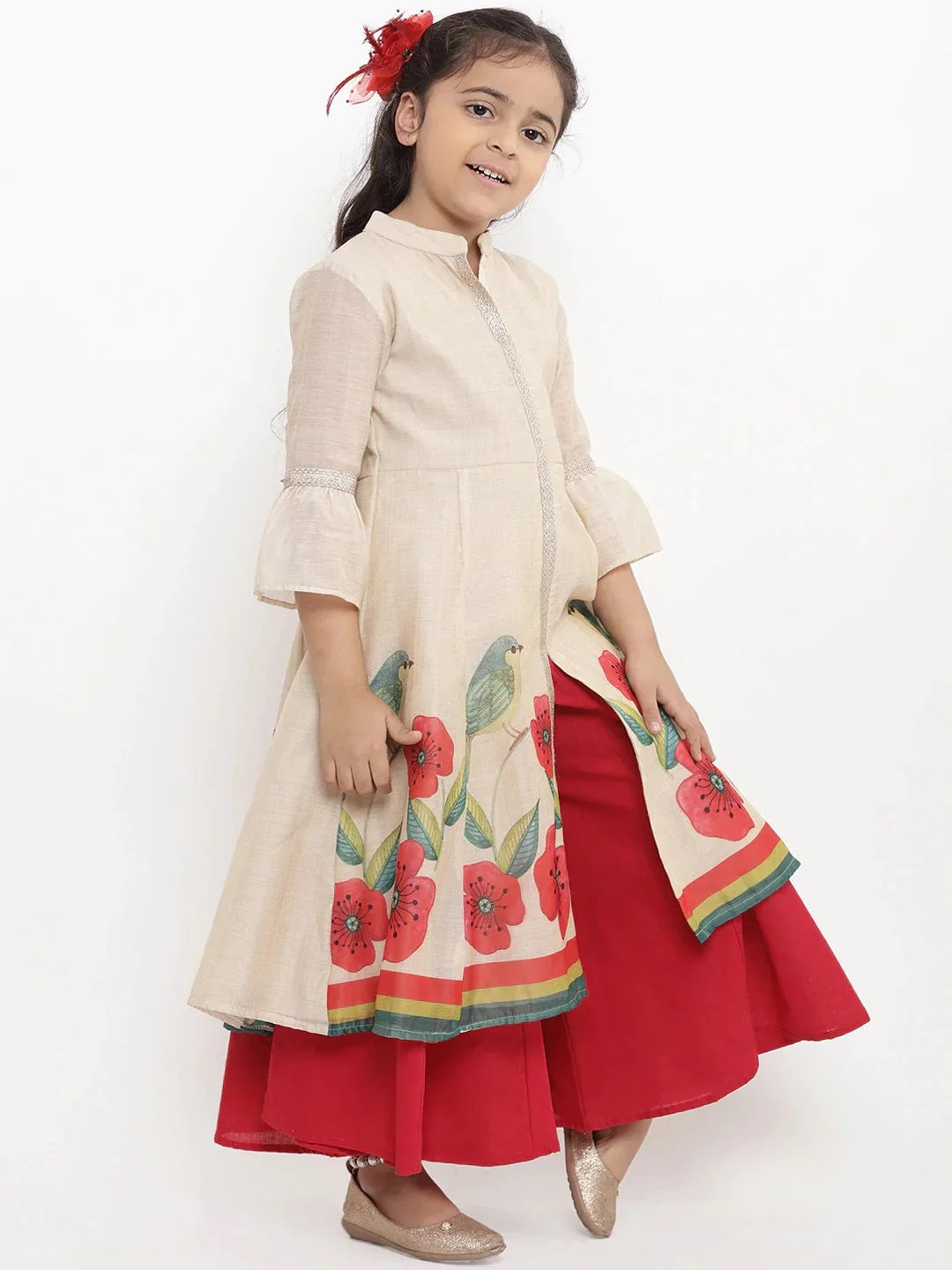 Girls Beige Printed Kurti With Palazzos