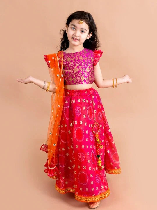 Girls Pink Orange Ready To Wear Lehenga Blouse With Dupatta