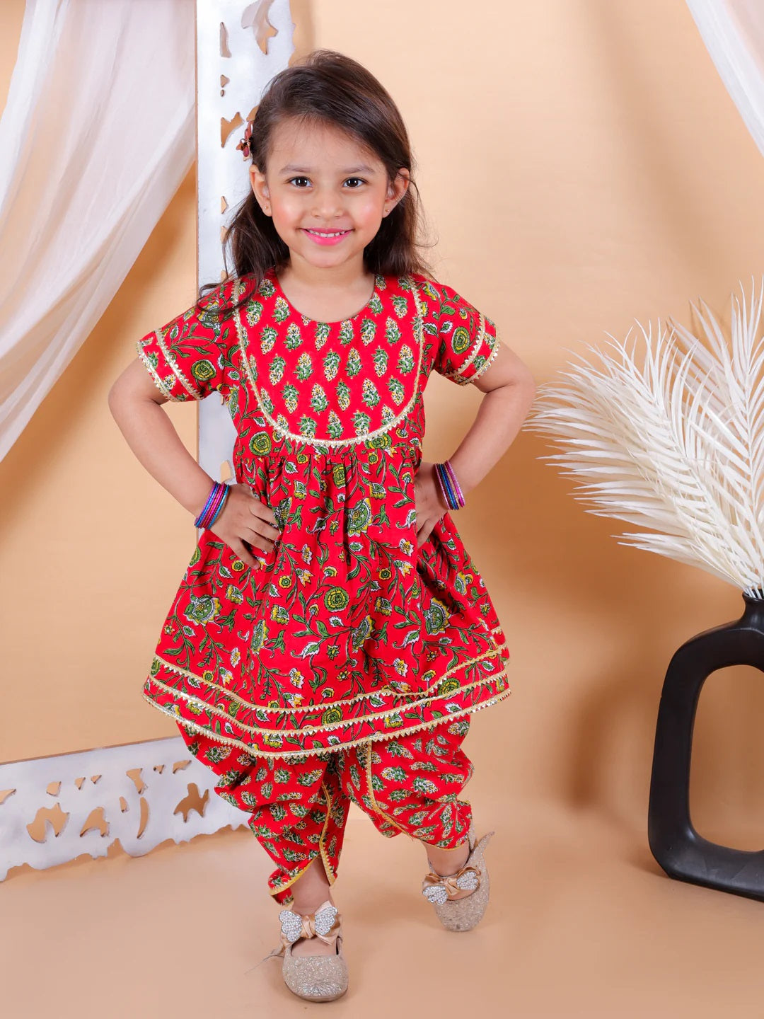 Girls Kids Wear Pure Cotton Printed Top With Dhoti -Red