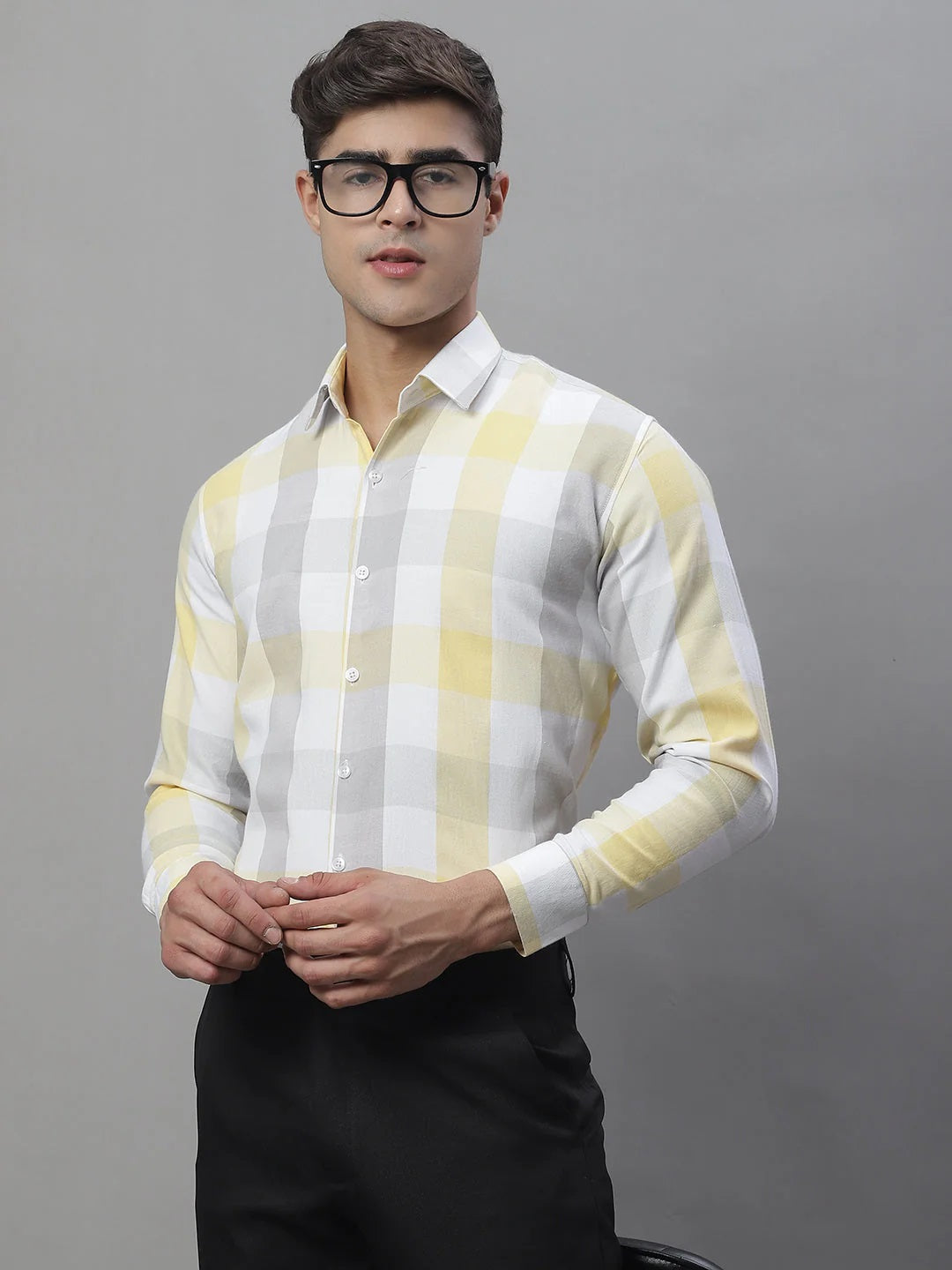 Men'S Pure Cotton Checked Formal Shirts (Yellow)