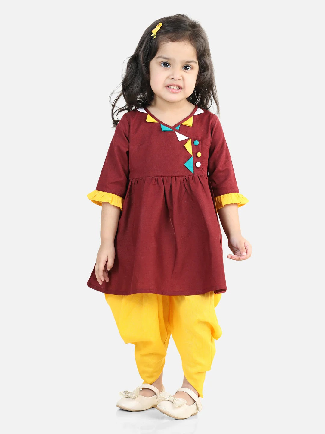 100% Cotton Kurti Dhoti Indo Western Ethnic Set For Baby Girls- Maroon Yellow