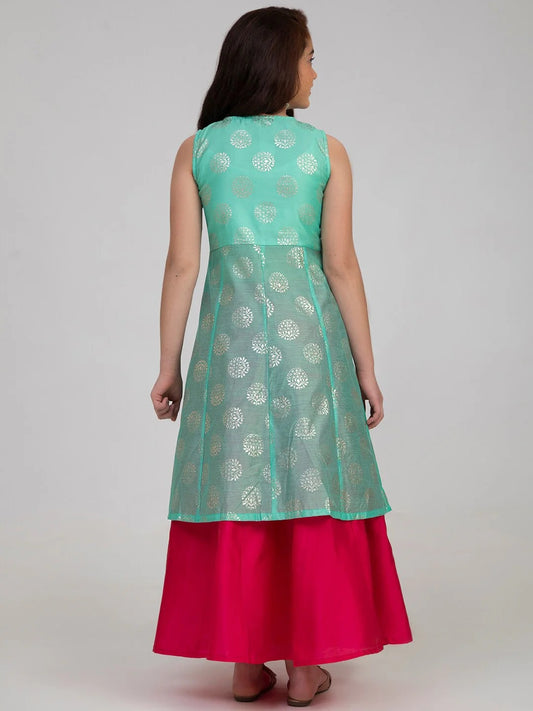 Girls Sea Green & Pink Printed Foil Print Ready To Wear Lehenga Choli