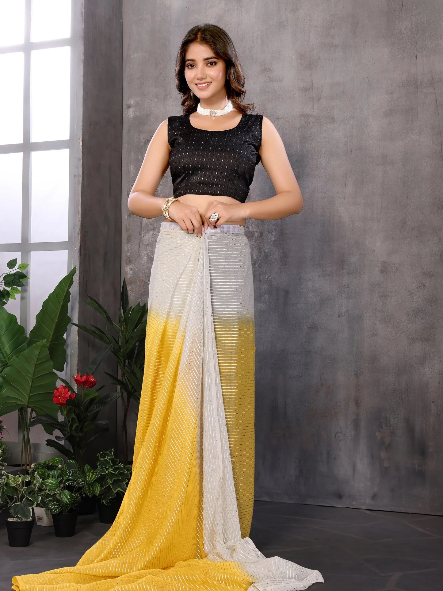 Women Party Wear Jari Weaving Worked Ready To Wear Saree With Un Stitched Blouse(Up To 44)YELLOW