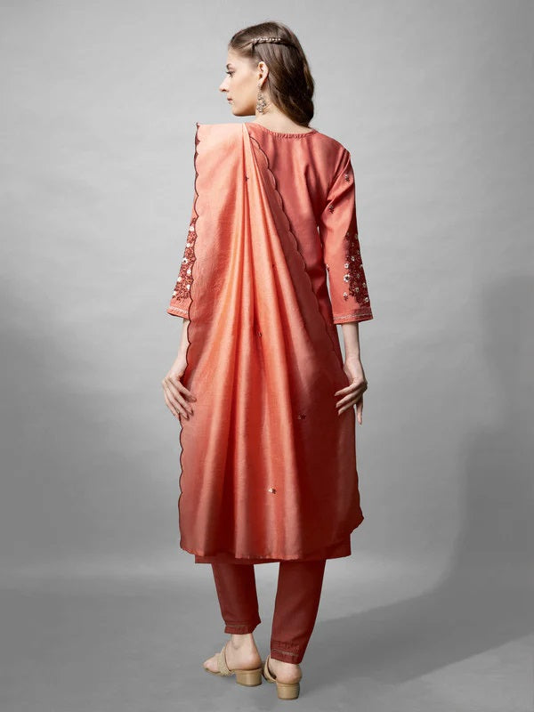 Womens Coral Embroidered Cotton Blend Kurta Pant Set With Dupatta