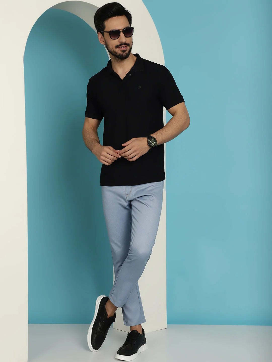 Men'S Blue Solid Cotton Casual Trouser