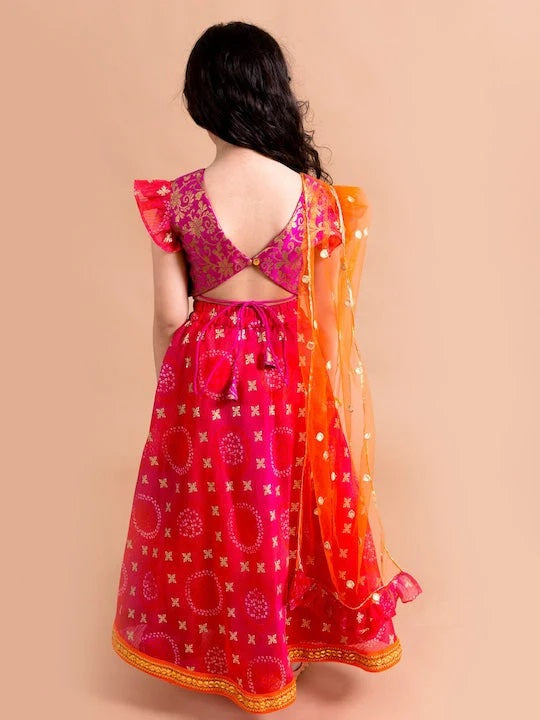 Girls Pink Orange Ready To Wear Lehenga Blouse With Dupatta