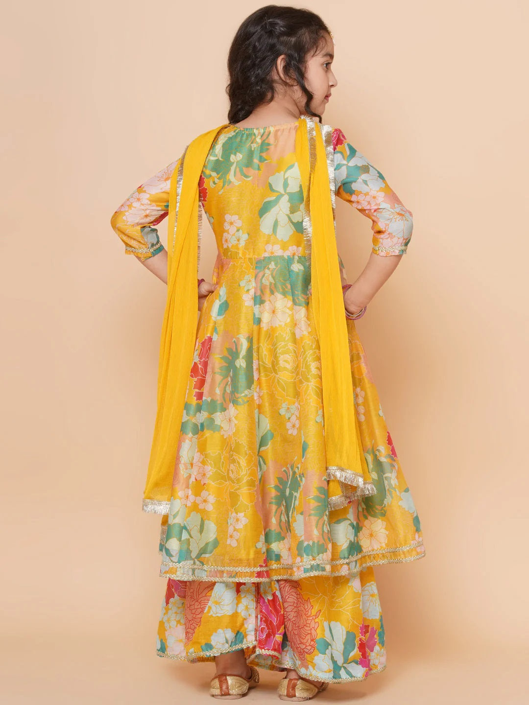 Girls Yellow Multi Floral Angrakha Gotta Patti Kurta Sharara set With Dupatta