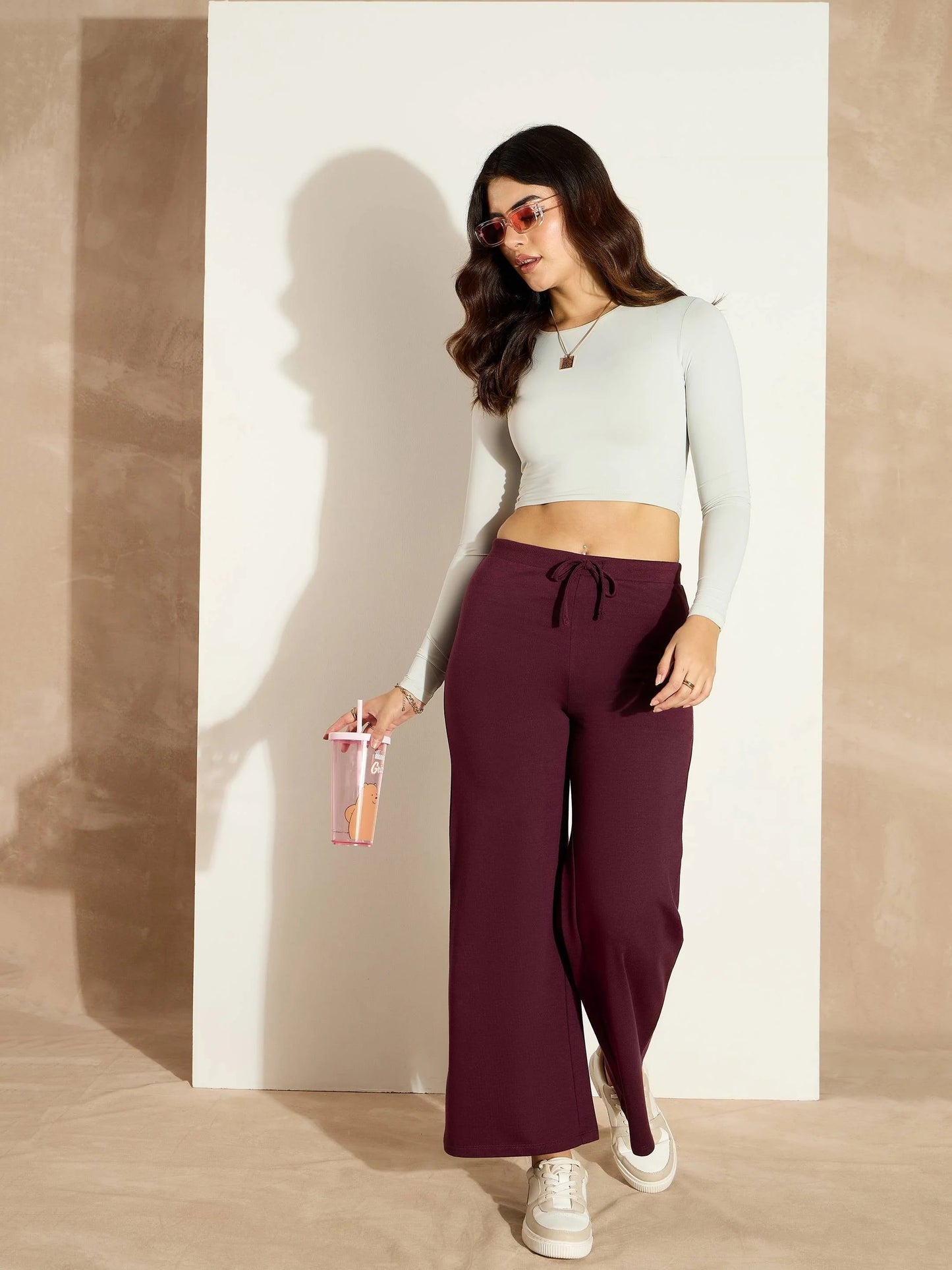 Women Burgundy Terry Wide Leg Drawstring Pants