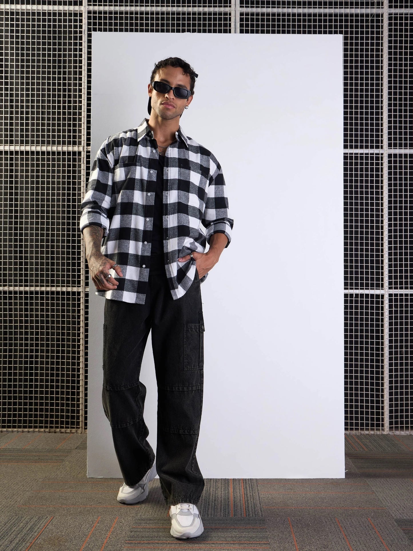 Men Black & White Check Patch Pocket Oversize Shirt