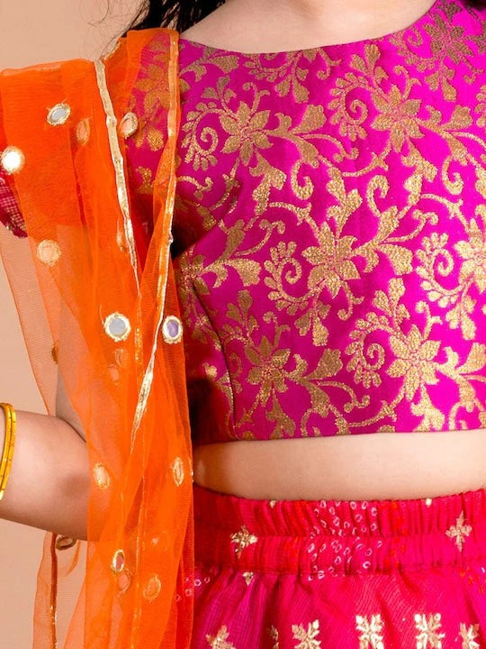 Girls Pink Orange Ready To Wear Lehenga Blouse With Dupatta