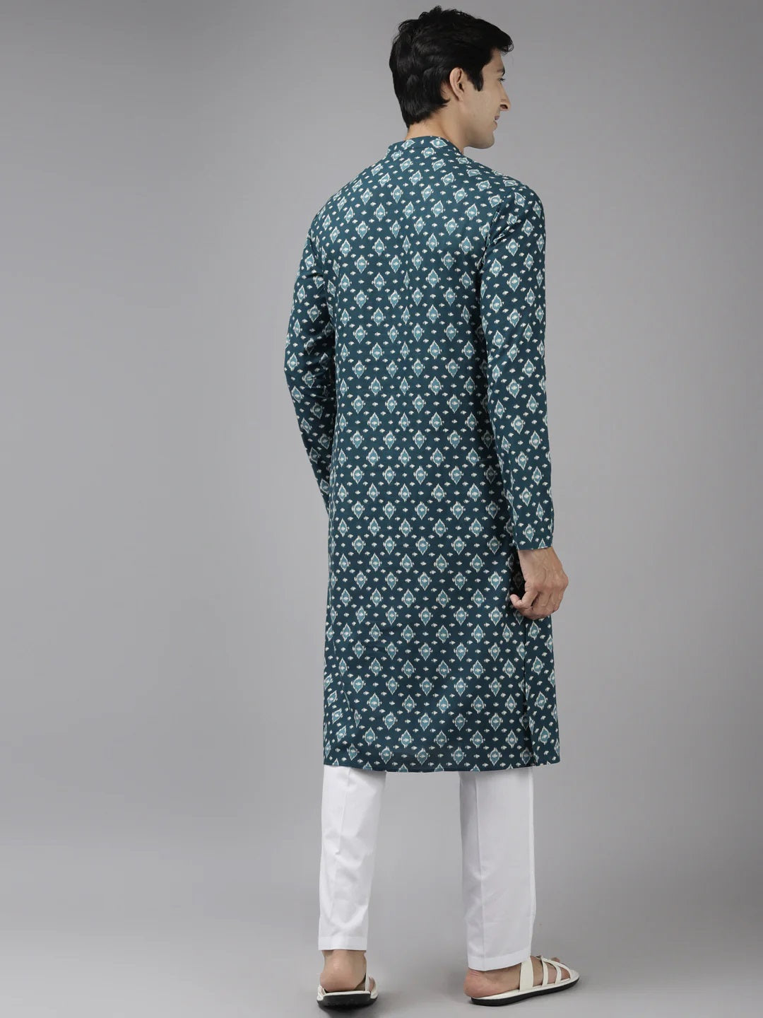 Men Teal Blue & Off White Printed Straight Kurta With Pyjama