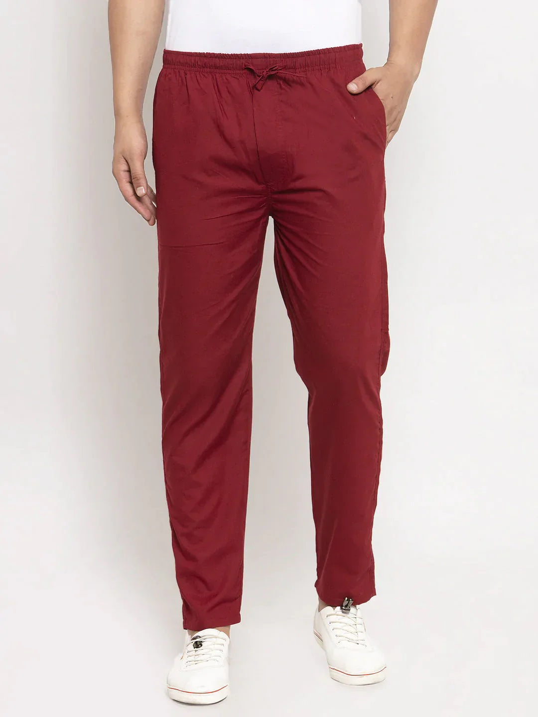 Men'S Maroon Solid Cotton Track Pants