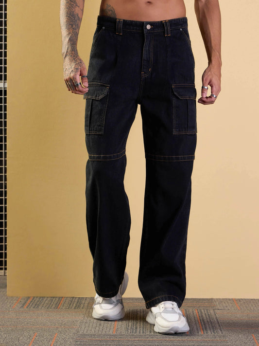 Men Black Side Pocket Baggy Cargo Jeans