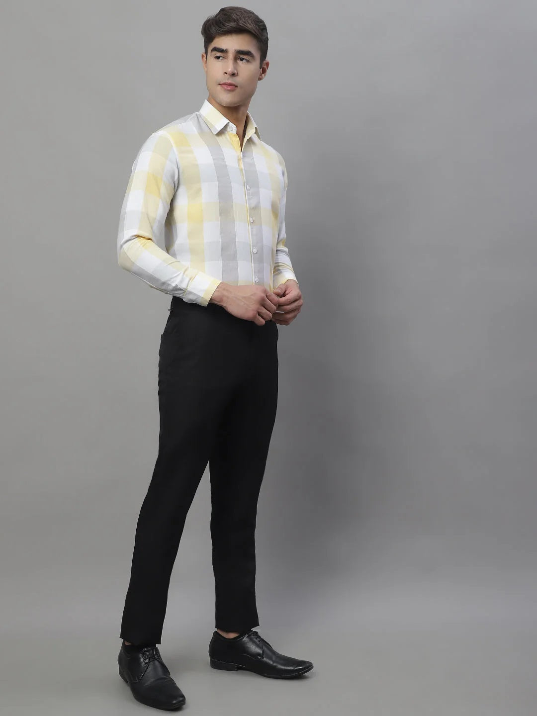 Men'S Pure Cotton Checked Formal Shirts (Yellow)