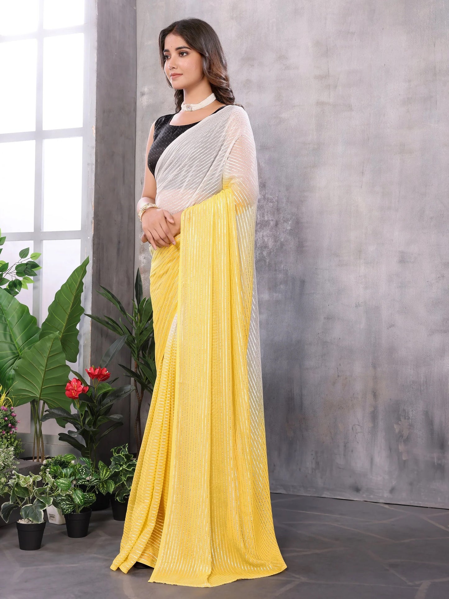 Women Party Wear Jari Weaving Worked Ready To Wear Saree With Un Stitched Blouse(Up To 44)YELLOW