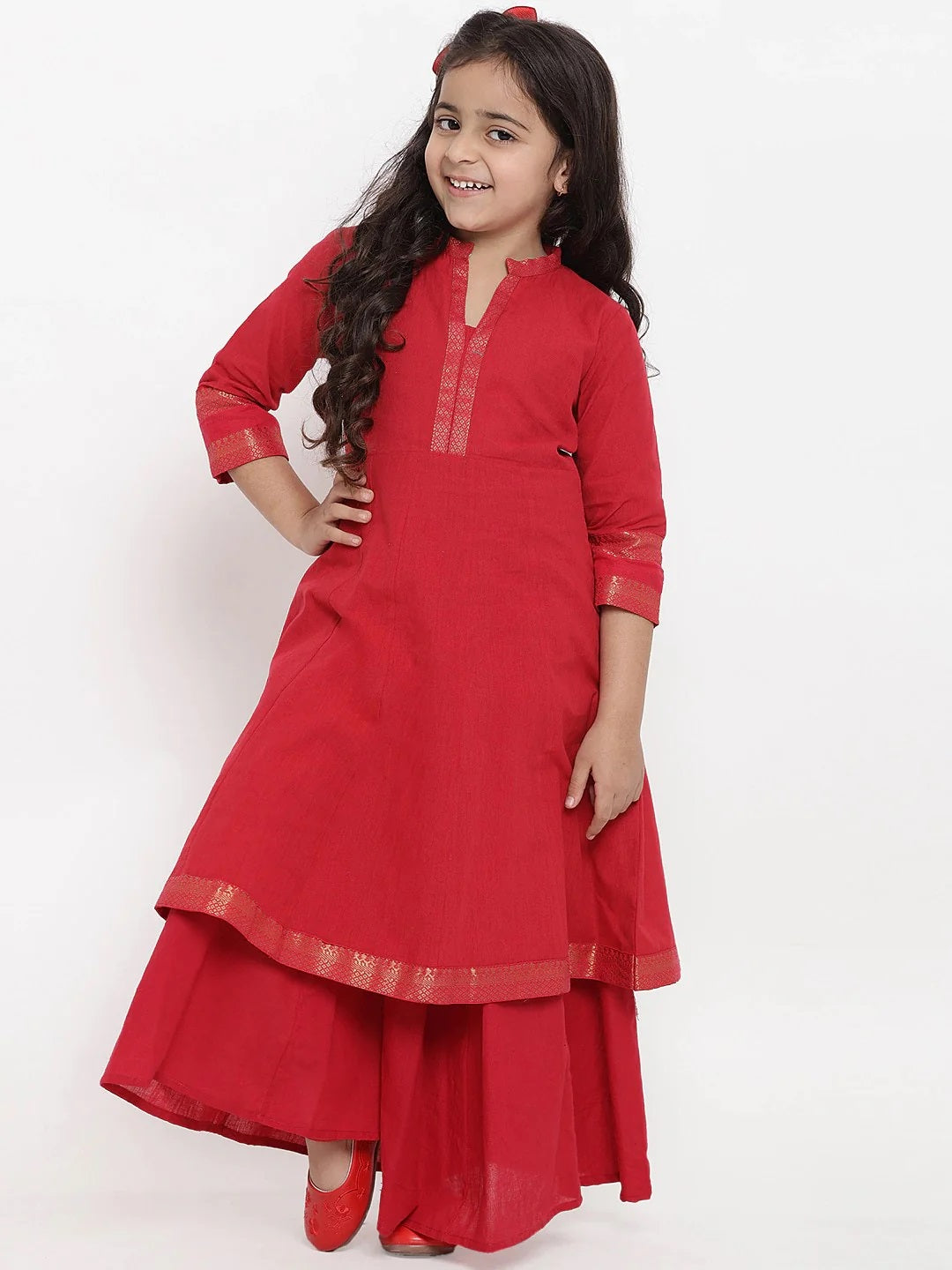 Girls Red Self Design Kurta With Palazzos