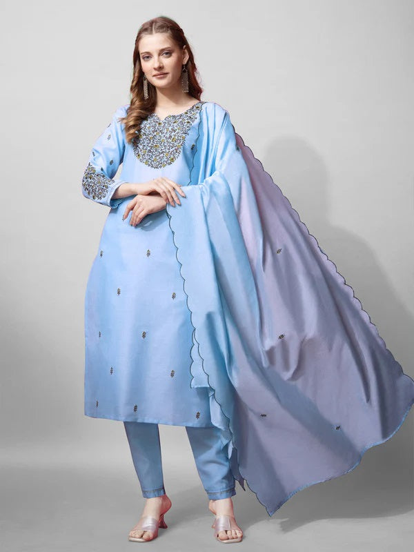 Womens Sky Blue Embroidered Cotton Blend Kurta Pant Set With Dupatta