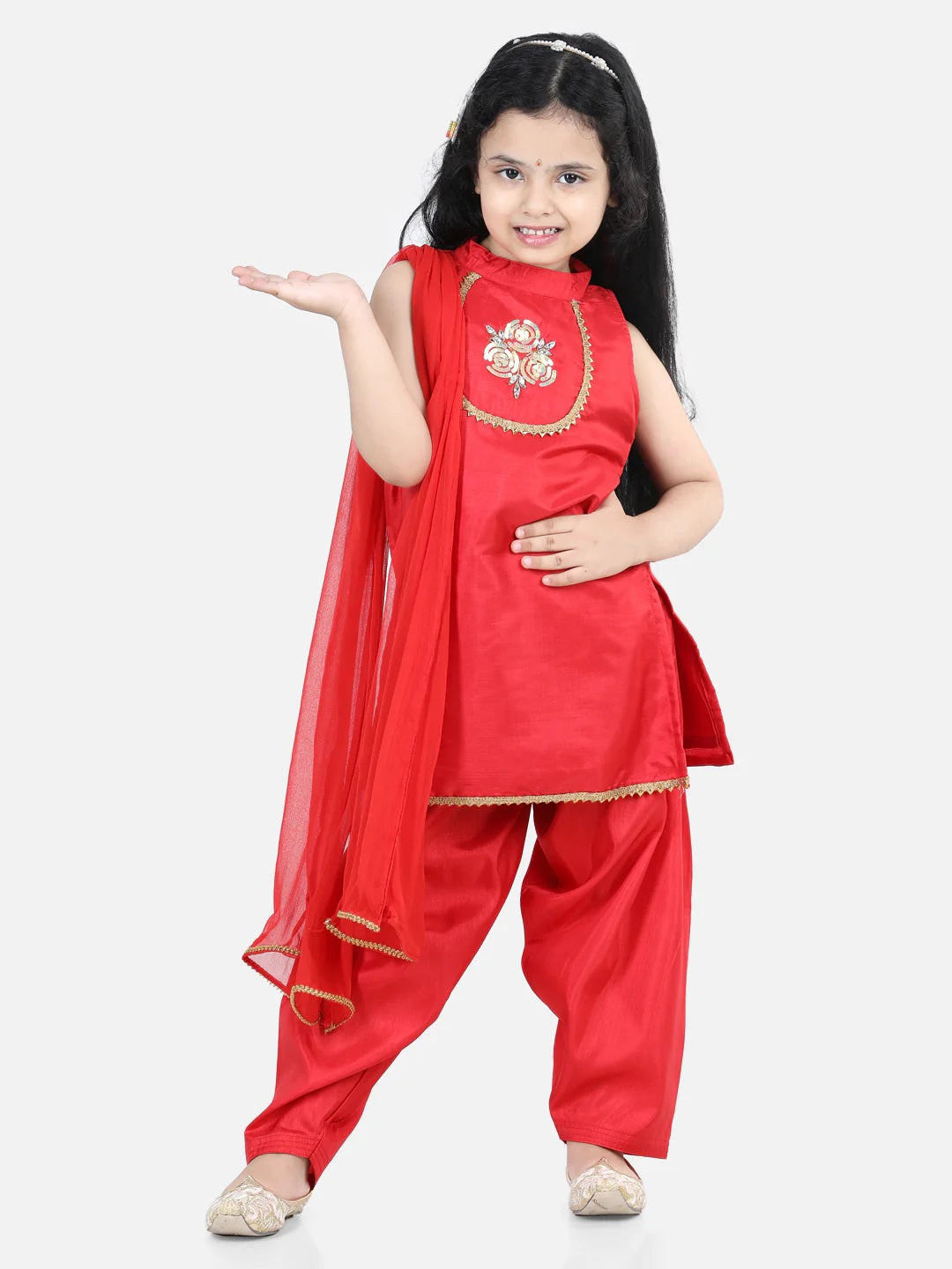 Hand Embroidered Silk Kurti Salwar For Girls-Red