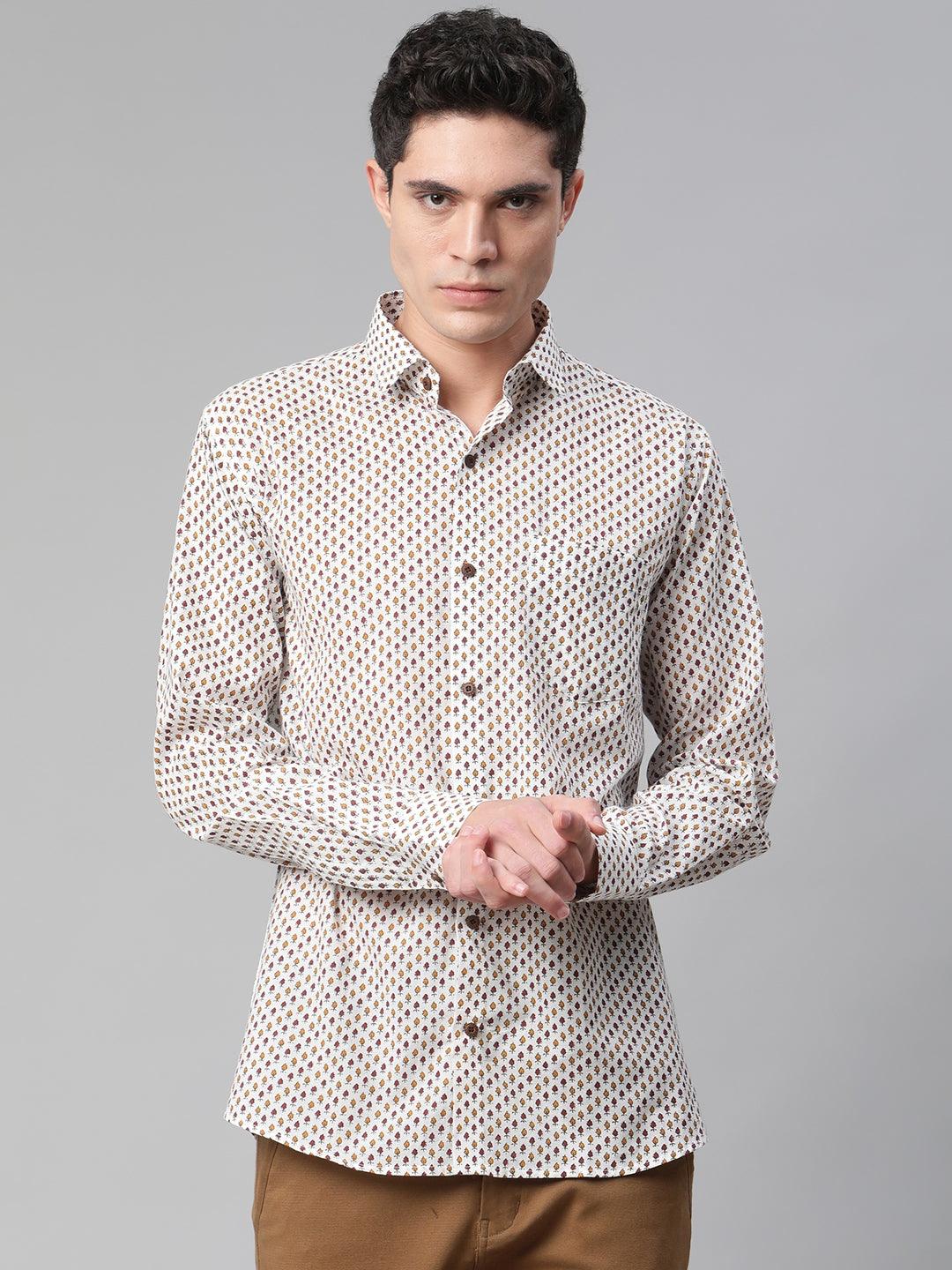 Millennial Men White & Yellow Cotton Full Sleeve Shirt For Men-Mmf0283