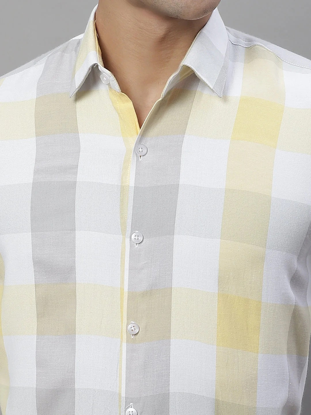 Men'S Pure Cotton Checked Formal Shirts (Yellow)