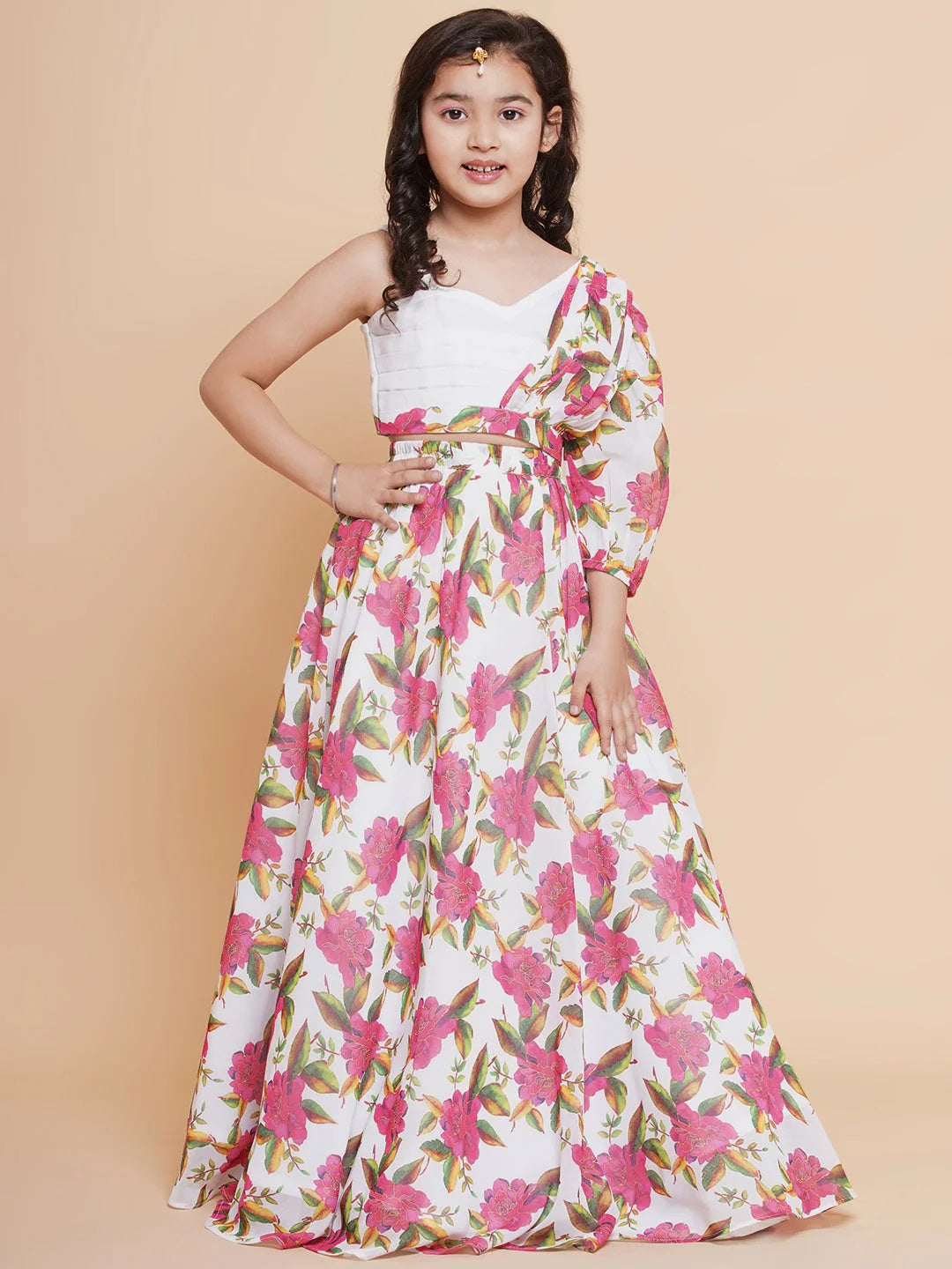 Girls Off White Printed Georgette Lehenga With Choli.