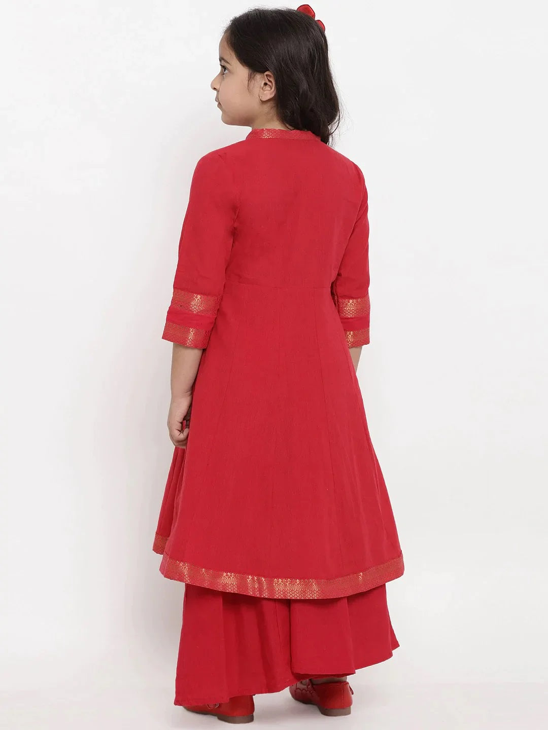 Girls Red Self Design Kurta With Palazzos