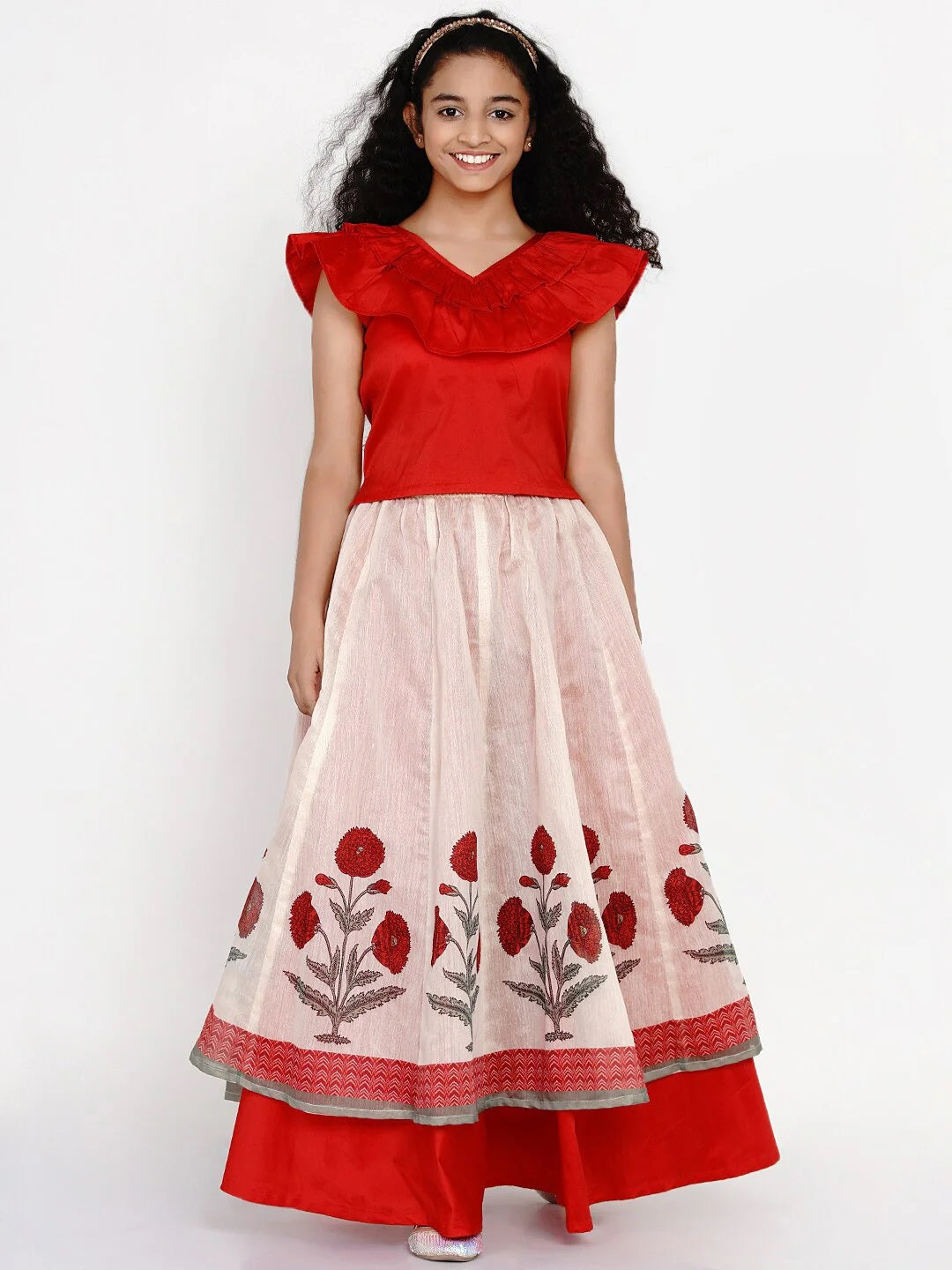 Girls Red & Off White Block Print Ready To Wear Lehenga Choli