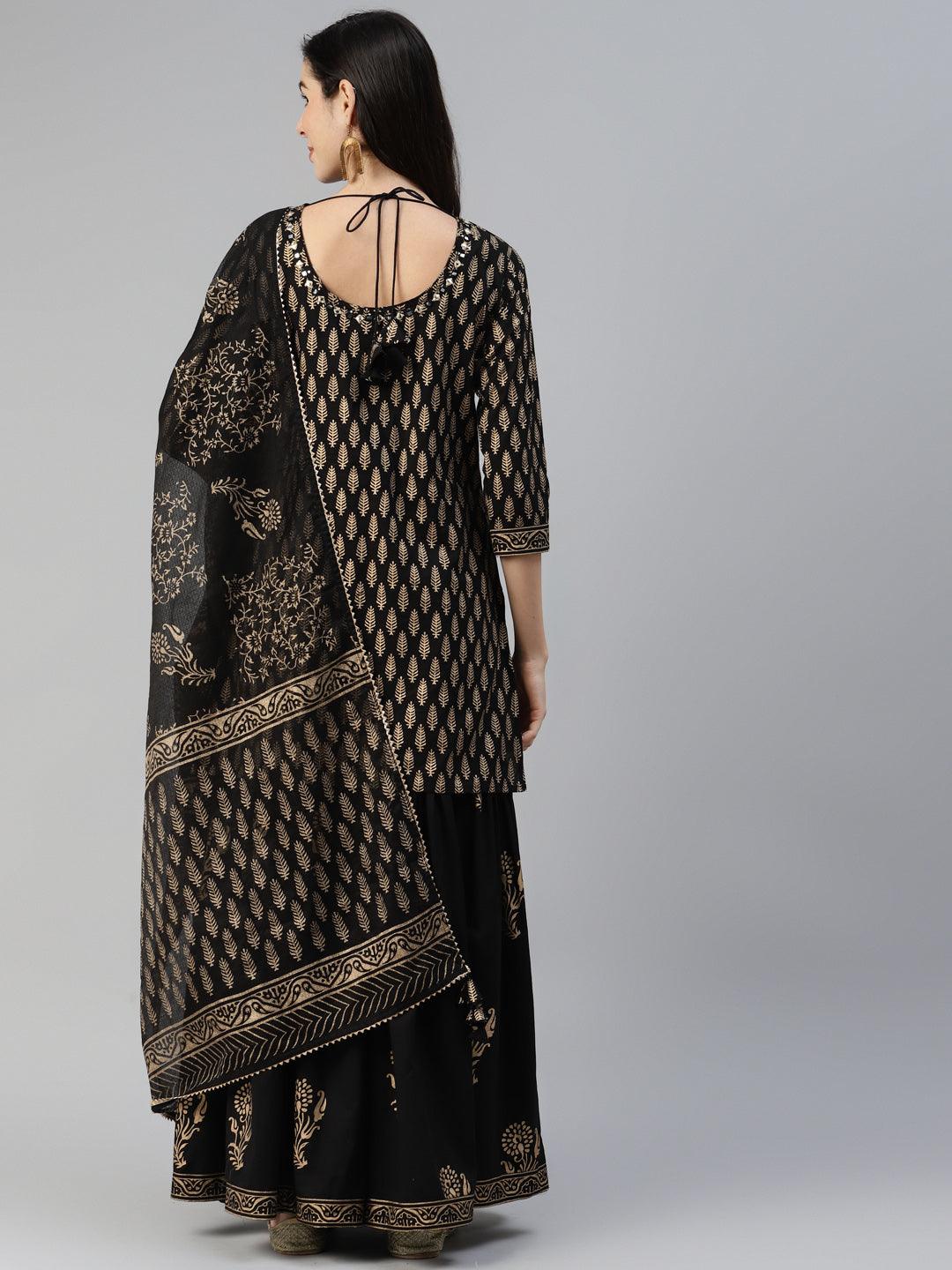 Black Gold Printed Cotton Kurta Sharara Set with Dupatta