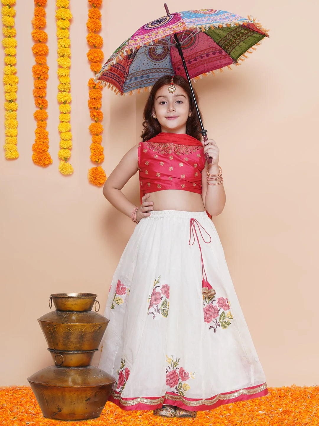 Girls Peach embroidered choli & floral embroidered Design Lehenga With Dupatta