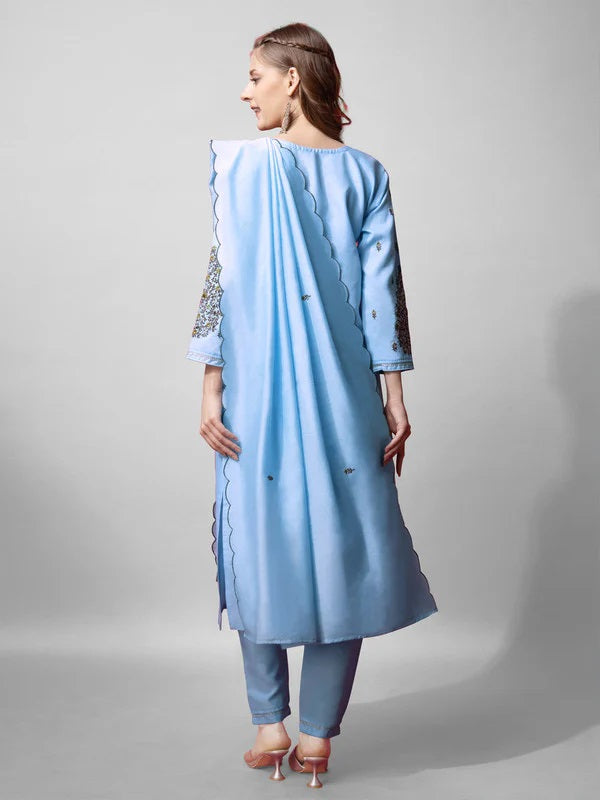 Womens Sky Blue Embroidered Cotton Blend Kurta Pant Set With Dupatta