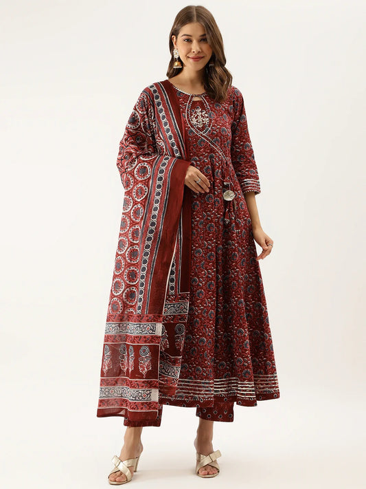 Women Maroon Floral Printed Cotton Anarkali Kurta Set with Dupatta