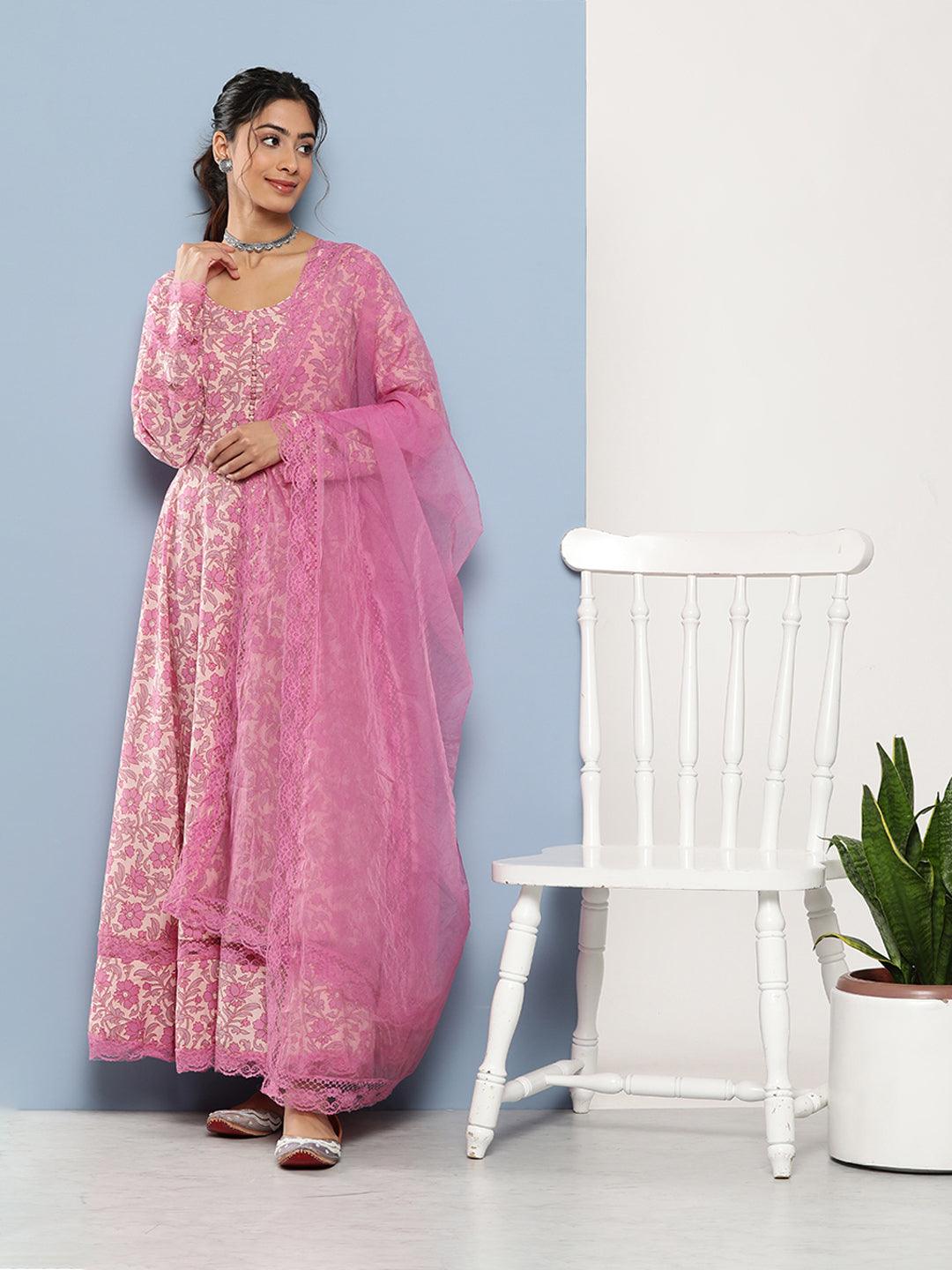 Lilac Floral Printed Anarkali Kurta Pant set with Dupatta