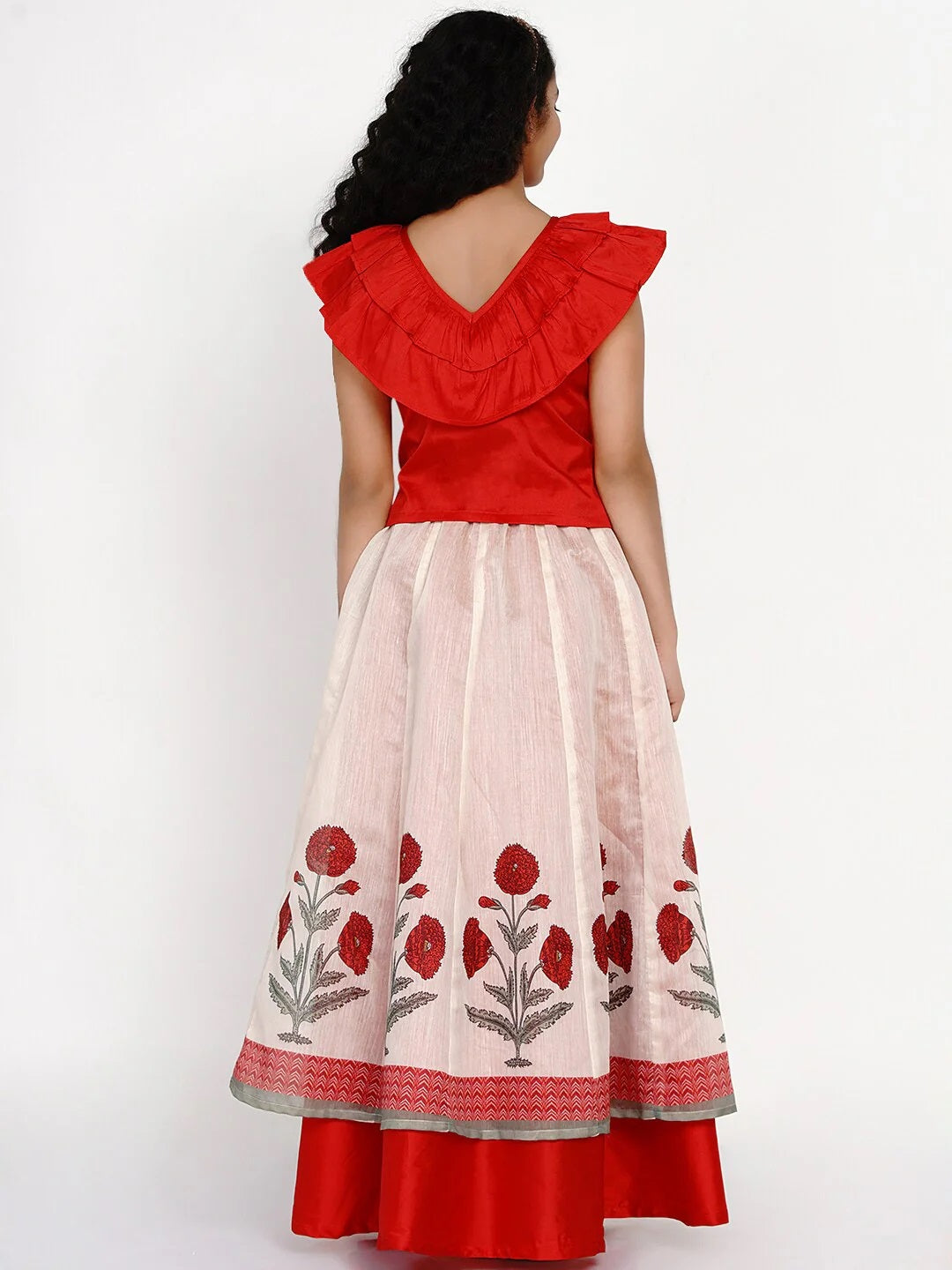 Girls Red & Off White Block Print Ready To Wear Lehenga Choli