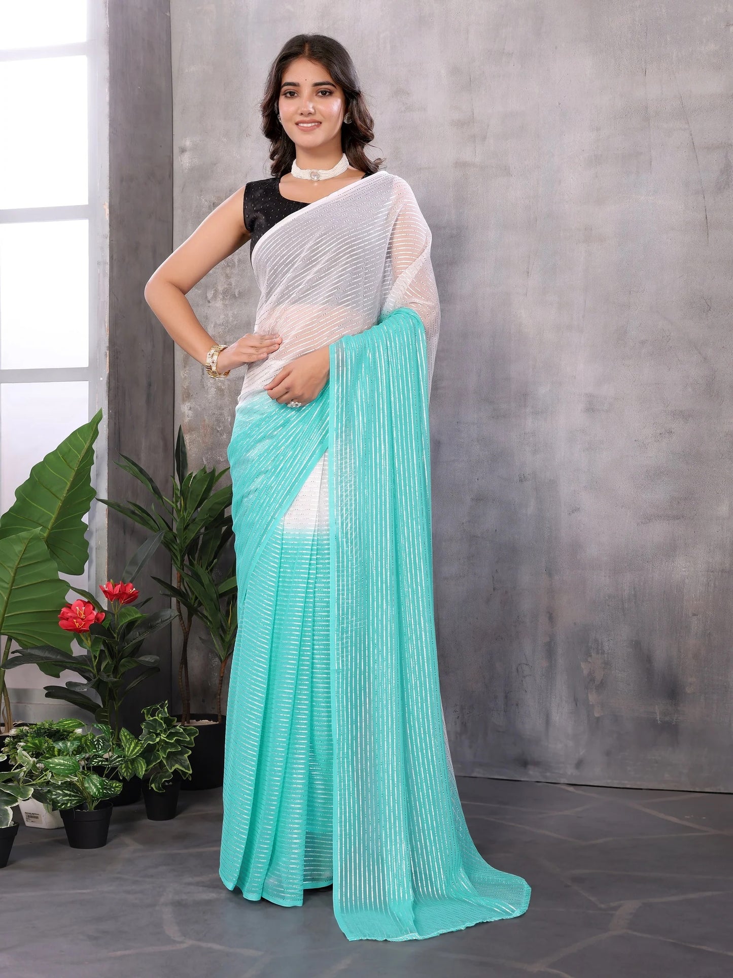 Women Party Wear Jari Weaving Worked Ready To Wear Saree With Un Stitched Blouse(Up To 44)SKY BLUE