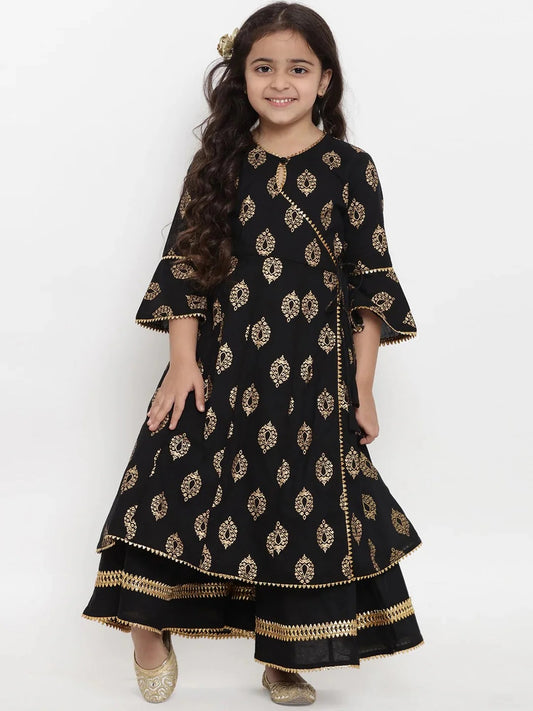 Girls Black Printed Kurta With Palazzos