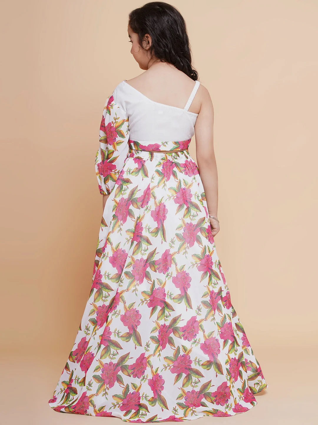 Girls Off White Printed Georgette Lehenga With Choli.