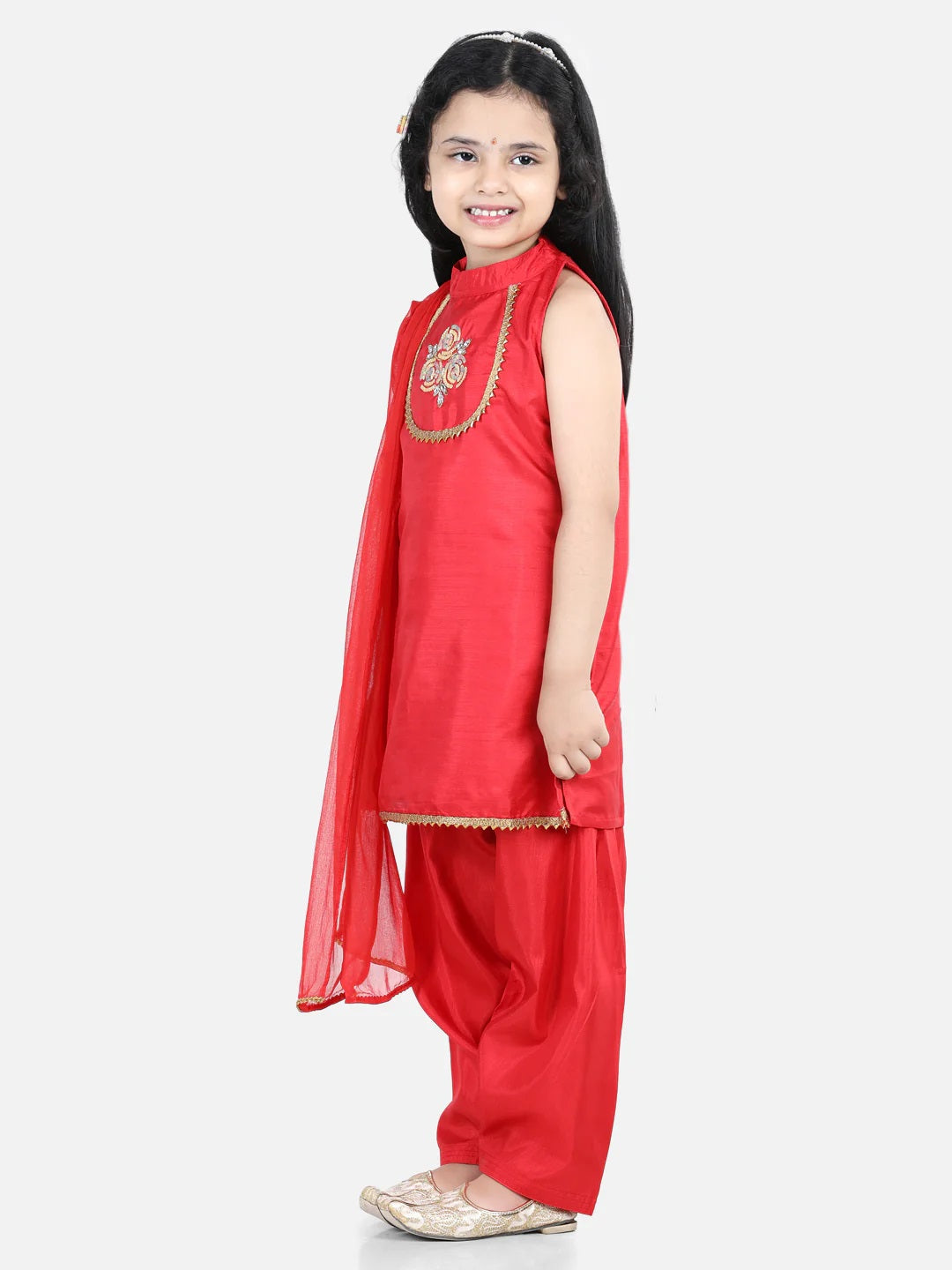 Hand Embroidered Silk Kurti Salwar For Girls-Red