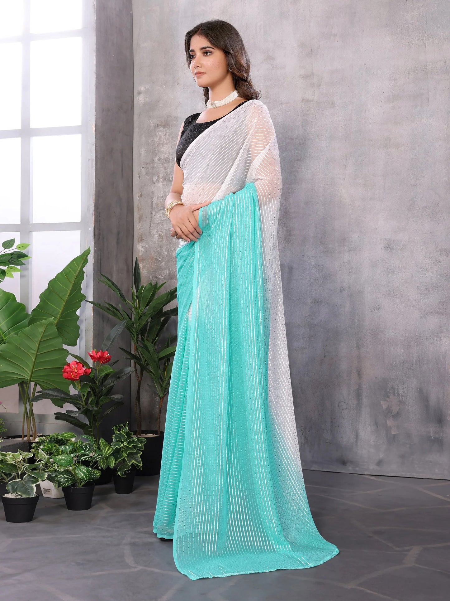 Women Party Wear Jari Weaving Worked Ready To Wear Saree With Un Stitched Blouse(Up To 44)SKY BLUE