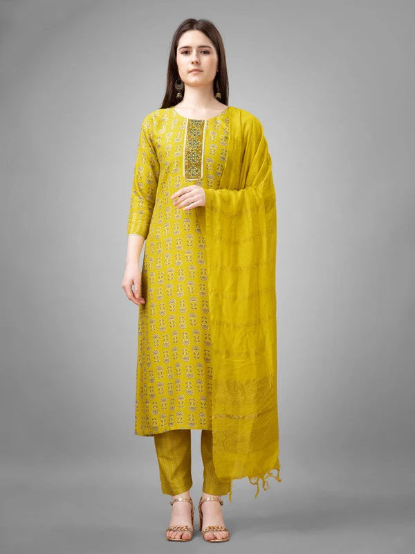 Women Embroidered Rayon Kurta Pant Dupatta Set