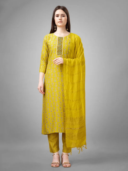 Women Embroidered Rayon Kurta Pant Dupatta Set