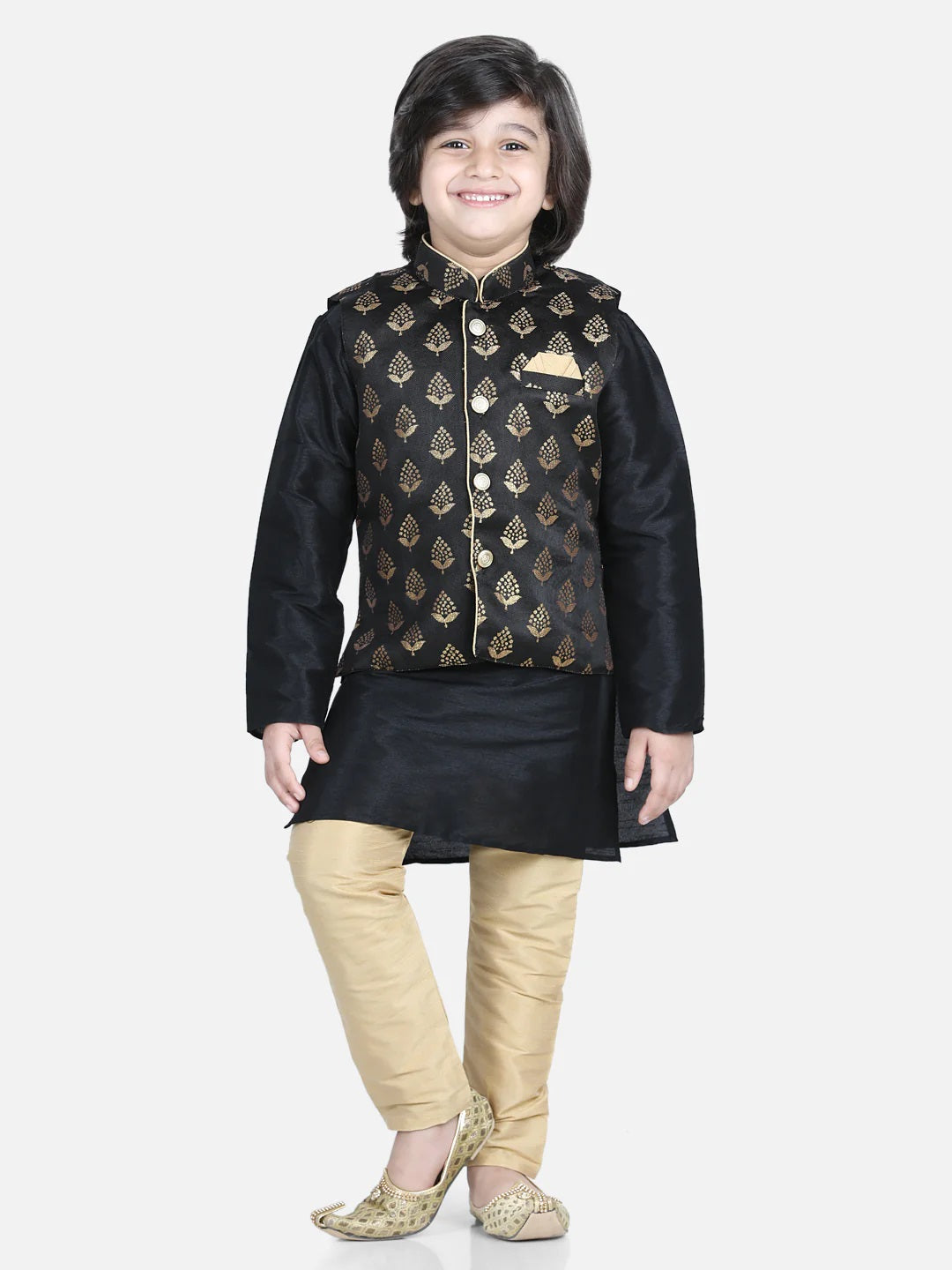 3 Piece Jacquard Jacket Silk Kurta Pajama For Boys-Black