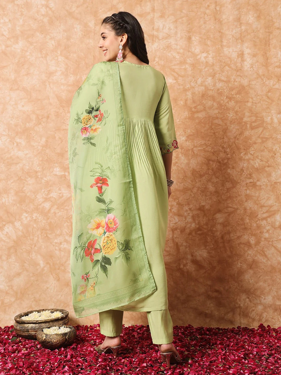 Women Party Wear Embroidery Worked Kurta With Pant And Dupatta Set